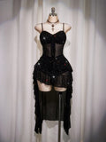 Plus Size Black Ruffle Hem Slip Dress – Y2K Mesh Sequin High Low Party Dress for Women