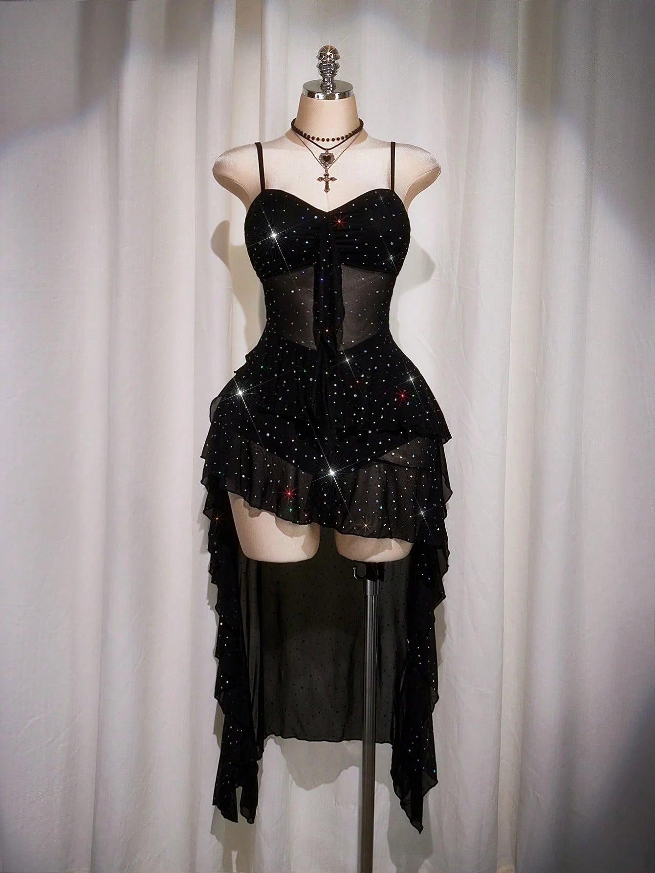 Plus Size Black Ruffle Hem Slip Dress – Y2K Mesh Sequin High Low Party Dress for Women