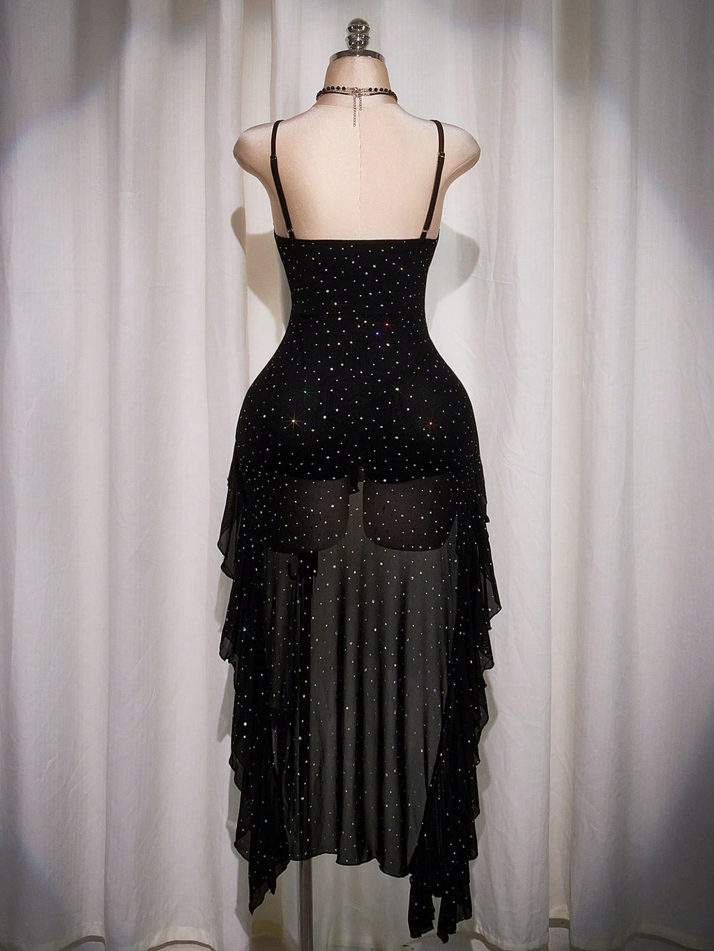 Plus Size Black Ruffle Hem Slip Dress – Y2K Mesh Sequin High Low Party Dress for Women