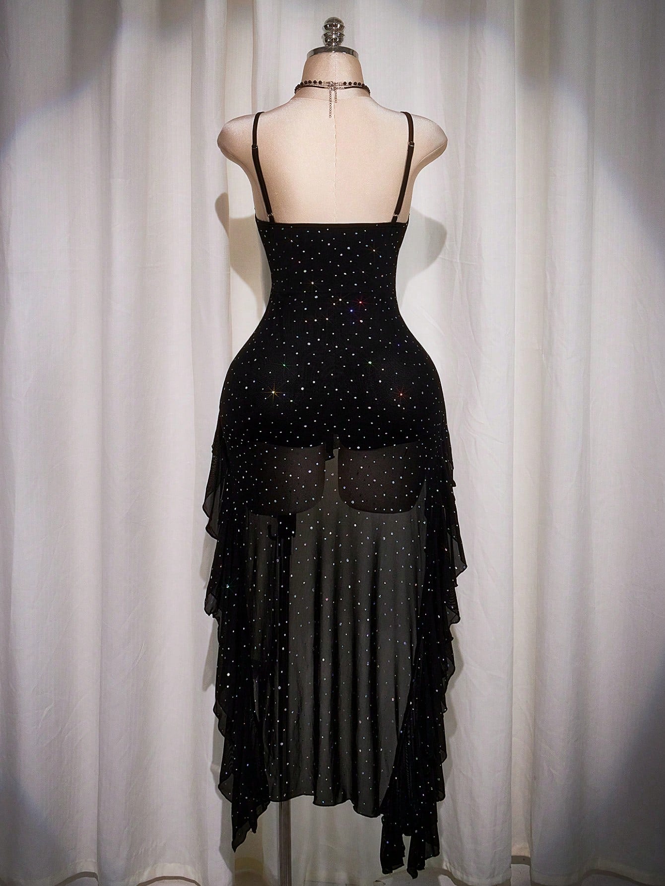 Plus Size Black Ruffle Hem Slip Dress – Y2K Mesh Sequin High Low Party Dress for Women