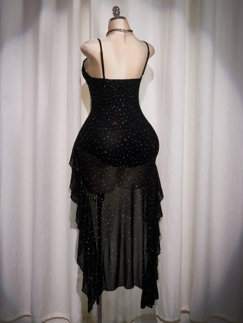 Plus Size Black Ruffle Hem Slip Dress – Y2K Mesh Sequin High Low Party Dress for Women