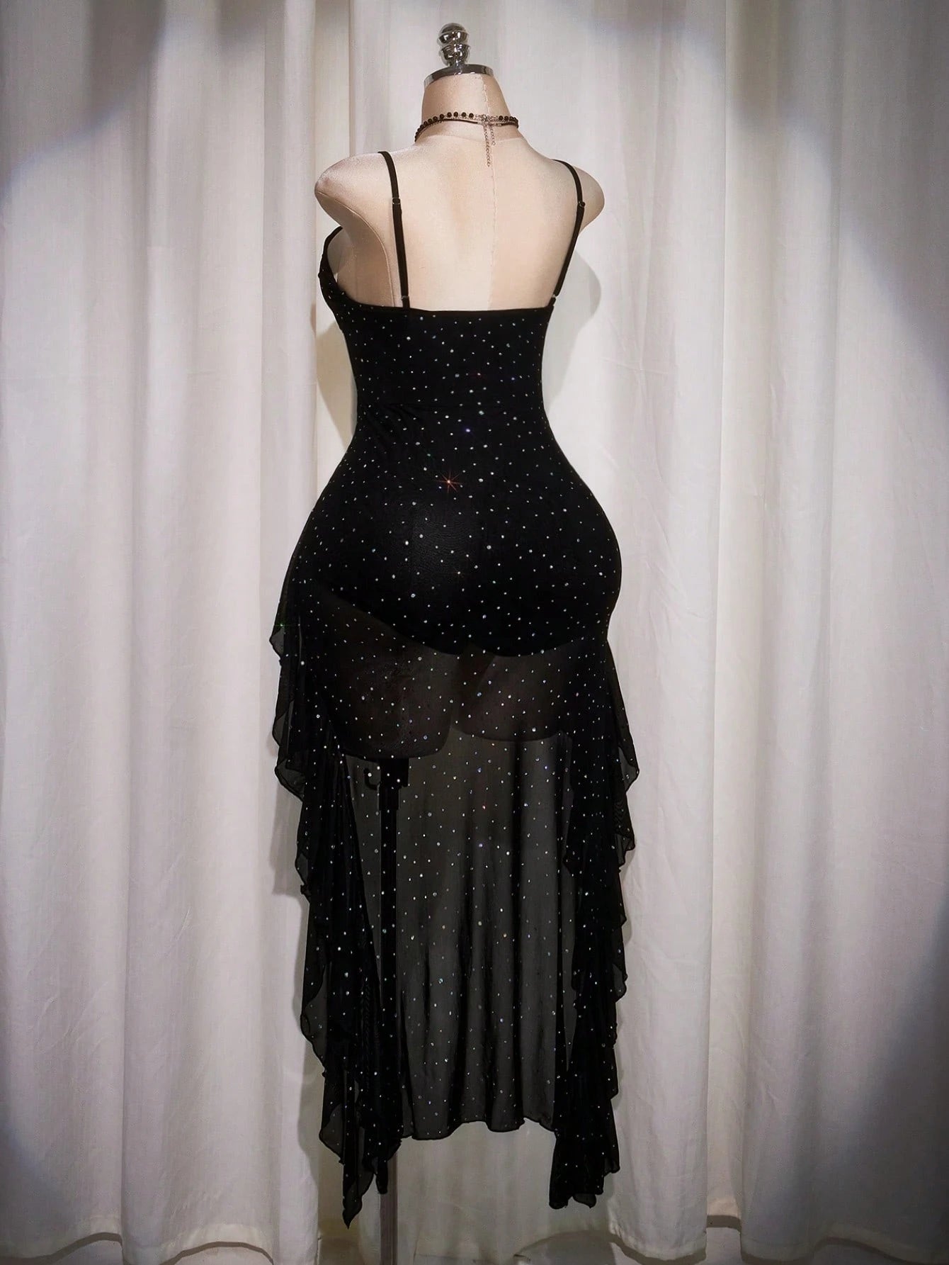 Plus Size Black Ruffle Hem Slip Dress – Y2K Mesh Sequin High Low Party Dress for Women