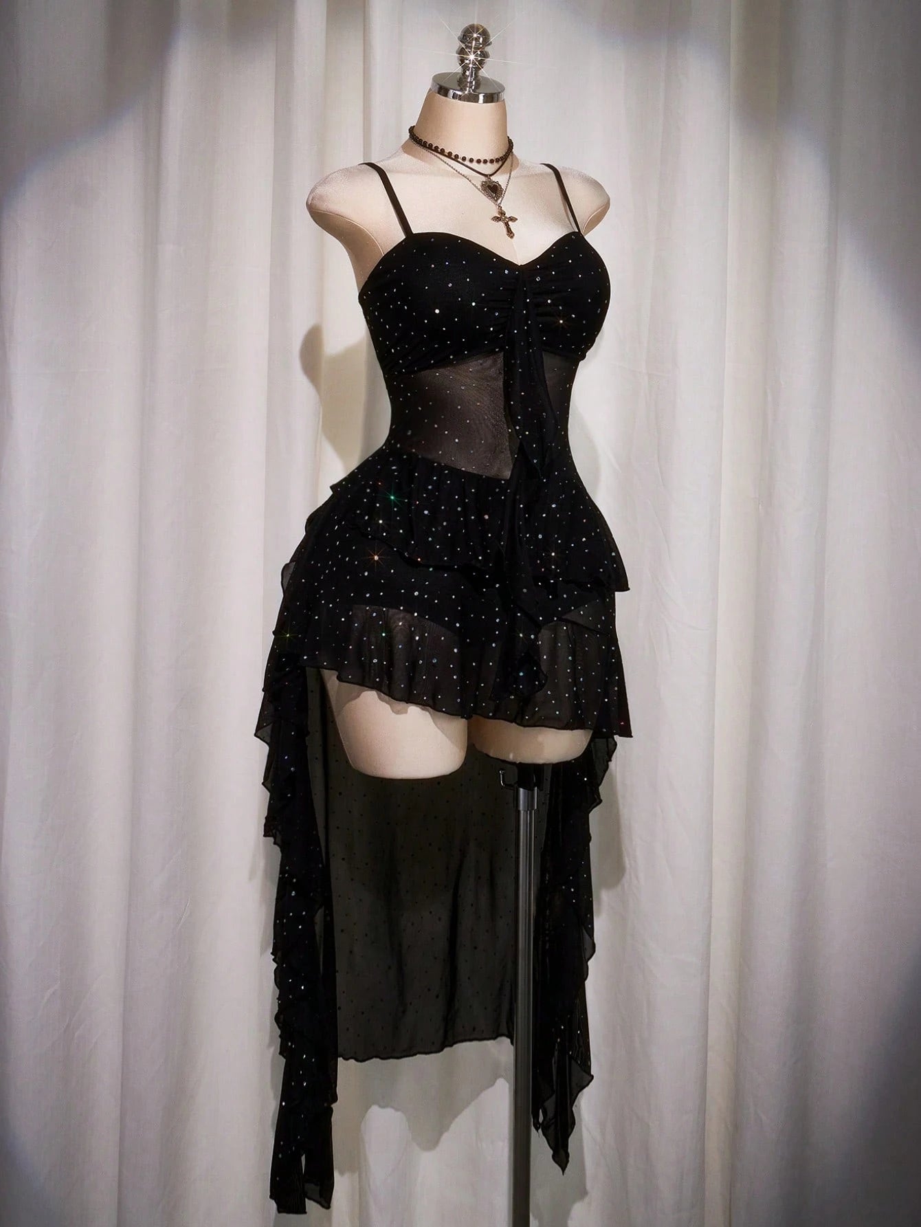 Plus Size Black Ruffle Hem Slip Dress – Y2K Mesh Sequin High Low Party Dress for Women