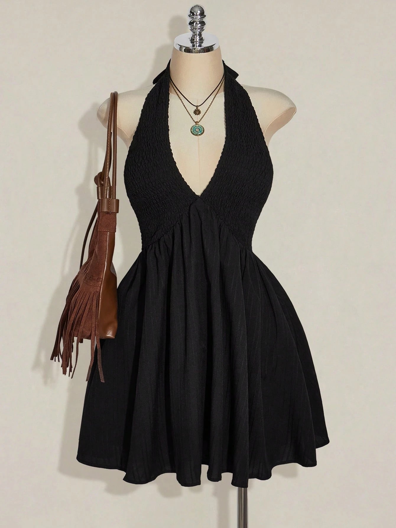 Plus Size Black Backless Halter Sundress – Y2K Drawstring Waist A-Line Summer Dress for Women