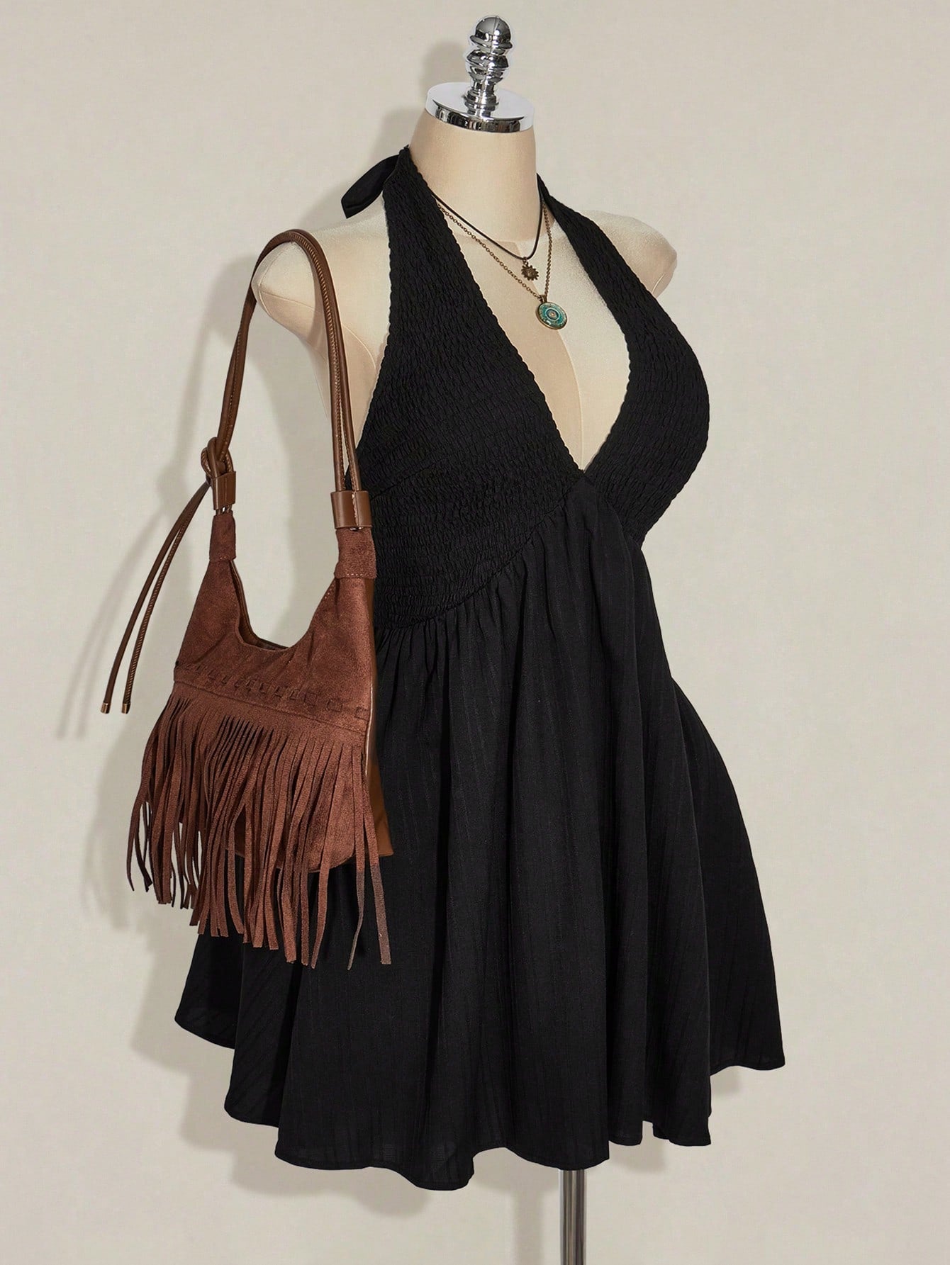 Plus Size Black Backless Halter Sundress – Y2K Drawstring Waist A-Line Summer Dress for Women