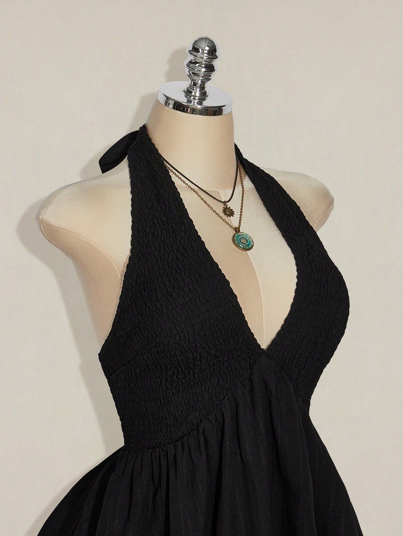Plus Size Black Backless Halter Sundress – Y2K Drawstring Waist A-Line Summer Dress for Women