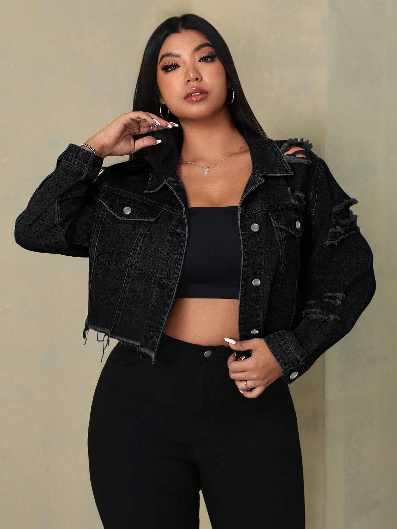 Plus Size Distressed Fringe Denim Jacket – Casual Button Front Y2K Jean Jacket for Women
