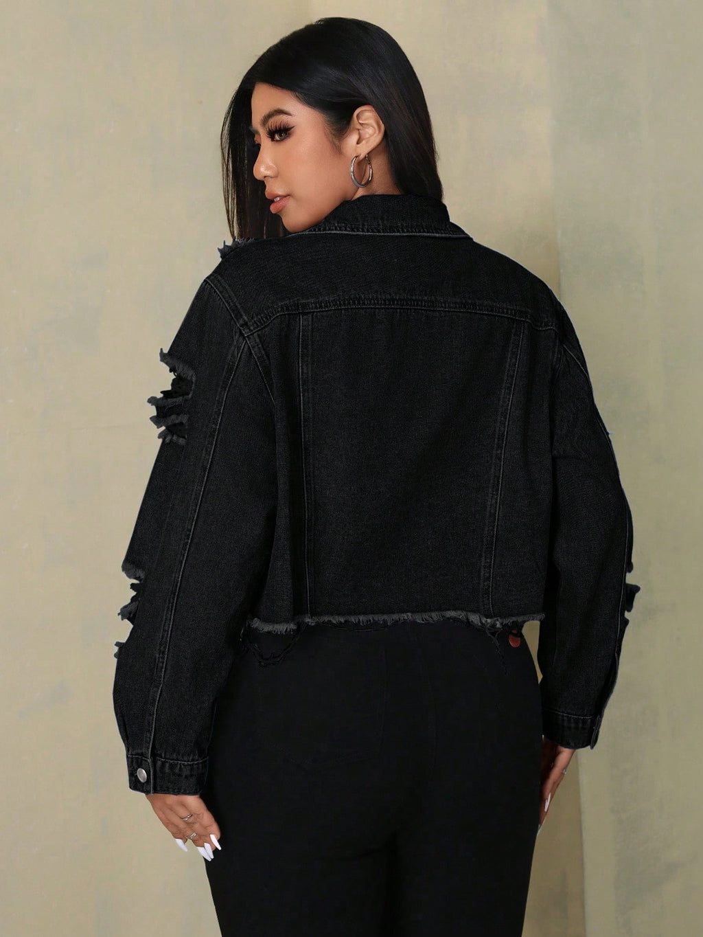 Plus Size Distressed Fringe Denim Jacket – Casual Button Front Y2K Jean Jacket for Women