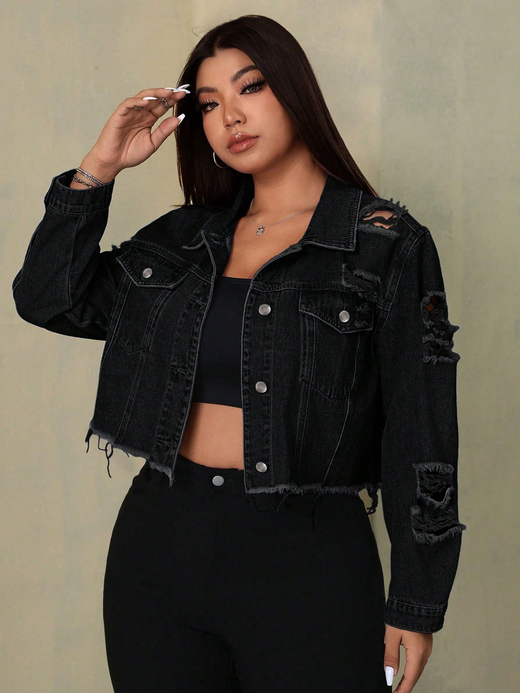 Plus Size Distressed Fringe Denim Jacket – Casual Button Front Y2K Jean Jacket for Women