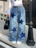Plus Size Washed Star Patch Jeans – Color Block Frayed Hem Y2K Denim Pants for Women