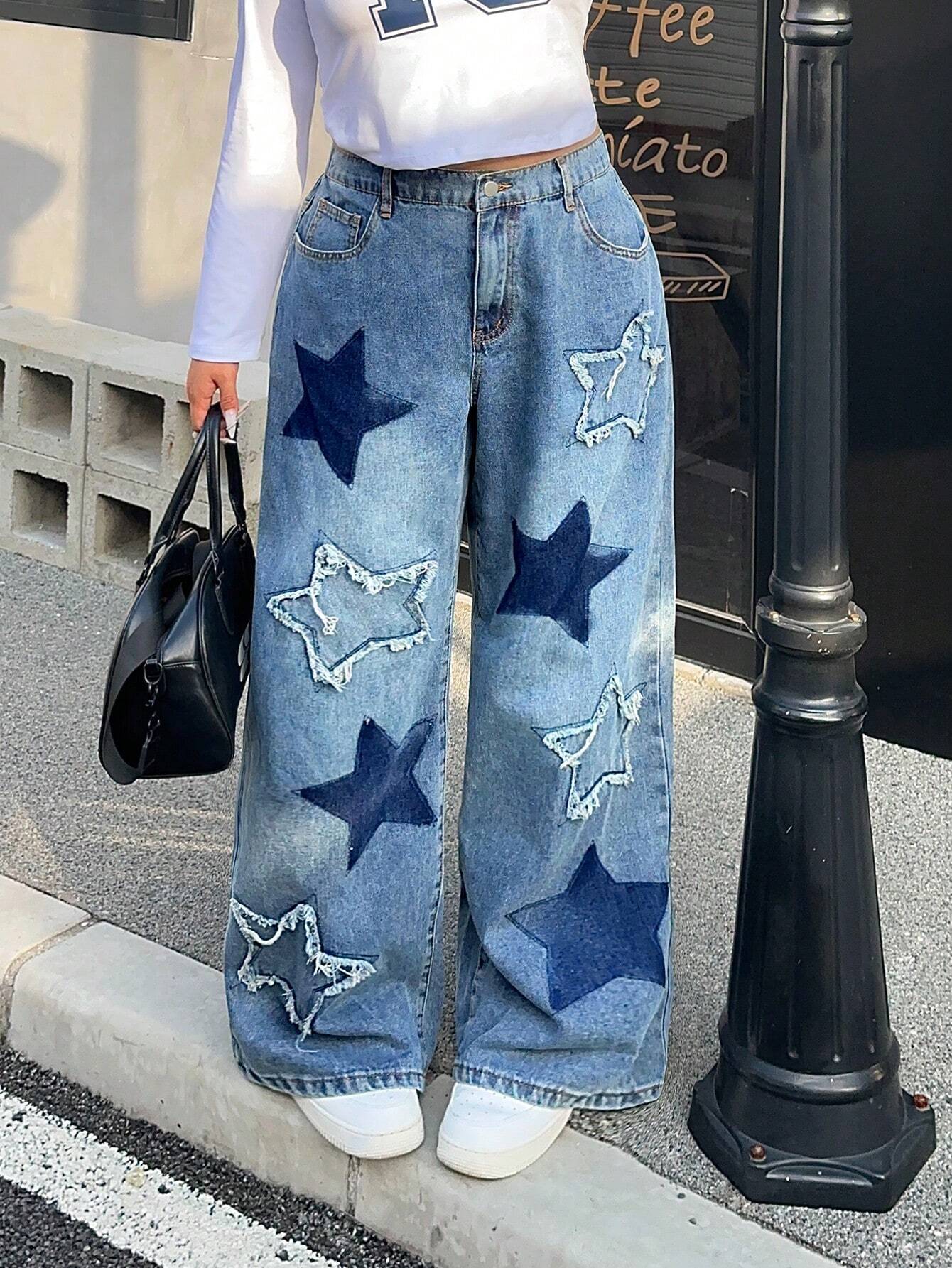 Plus Size Washed Star Patch Jeans – Color Block Frayed Hem Y2K Denim Pants for Women