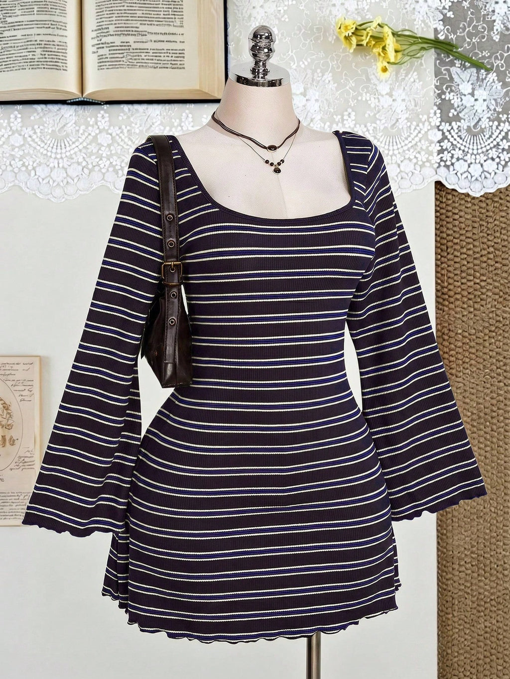 Plus Size Colorful Striped Knit Dress – Backless Flare Sleeve Summer Maxi Dress