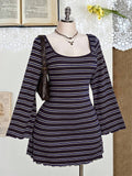 Plus Size Colorful Striped Knit Dress – Backless Flare Sleeve Summer Maxi Dress