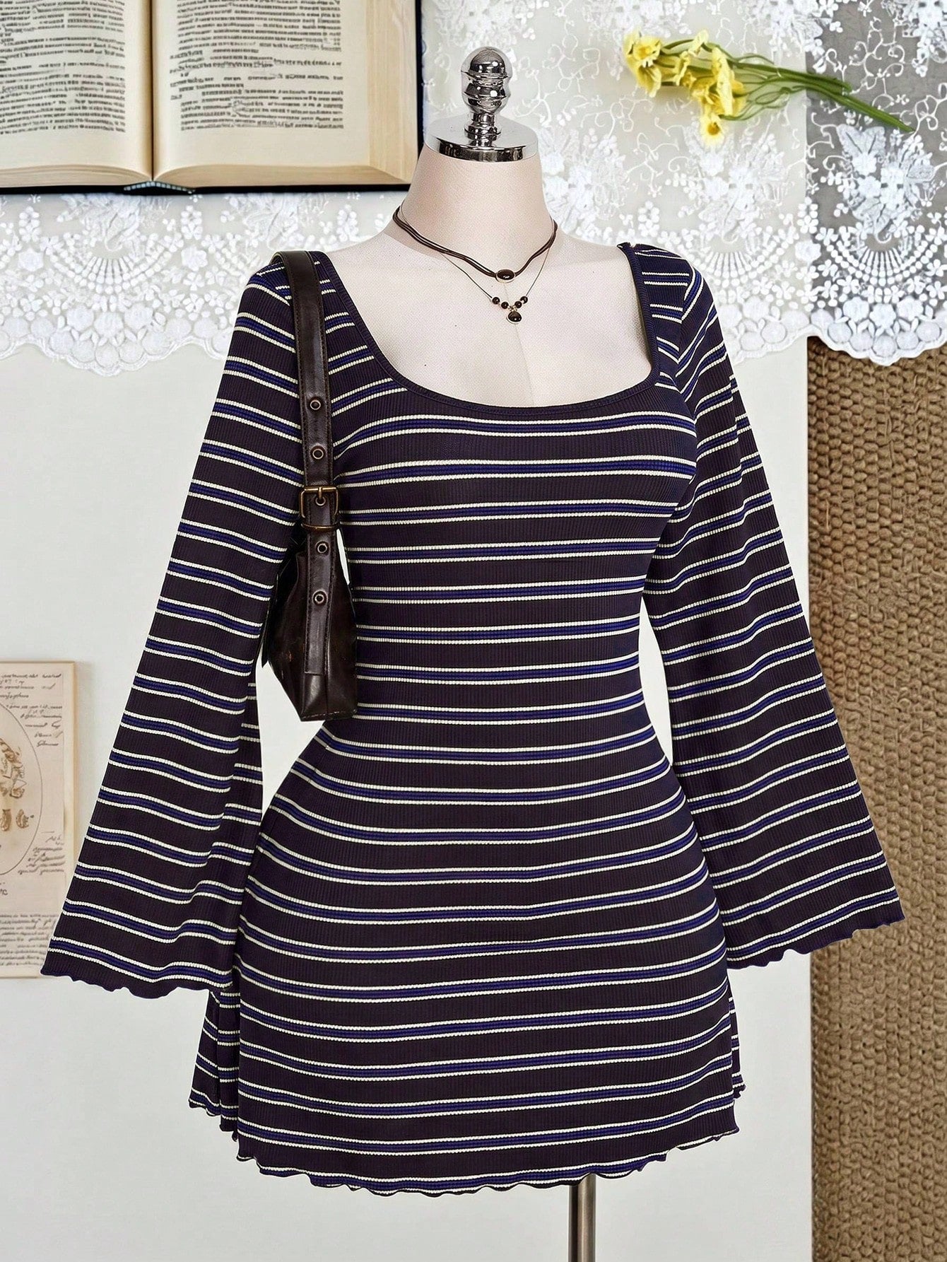 Plus Size Colorful Striped Knit Dress – Backless Flare Sleeve Summer Maxi Dress