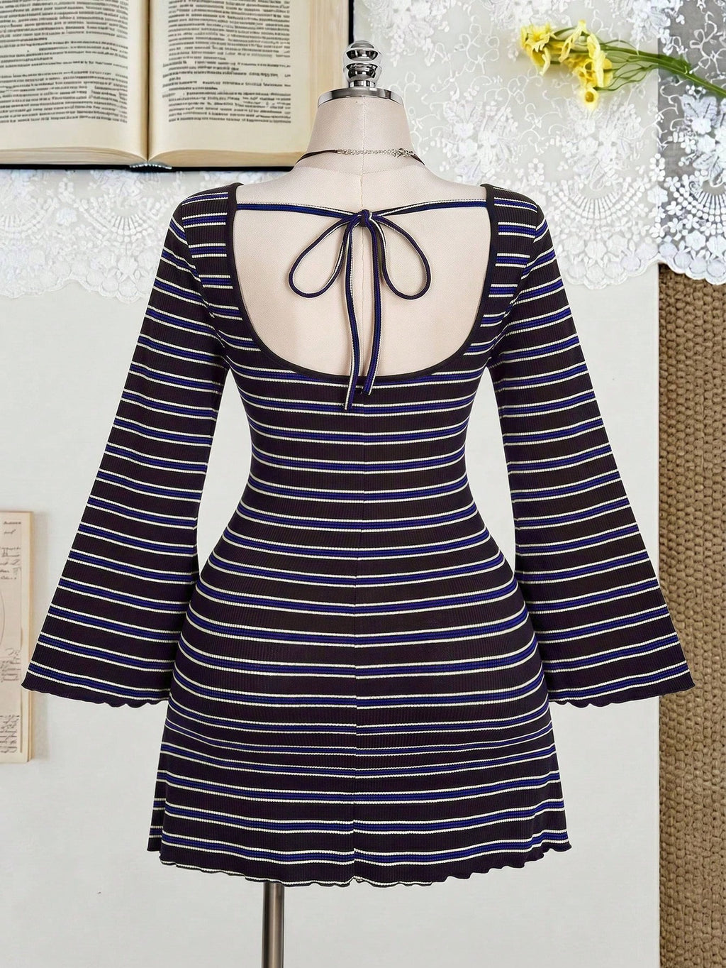 Plus Size Colorful Striped Knit Dress – Backless Flare Sleeve Summer Maxi Dress
