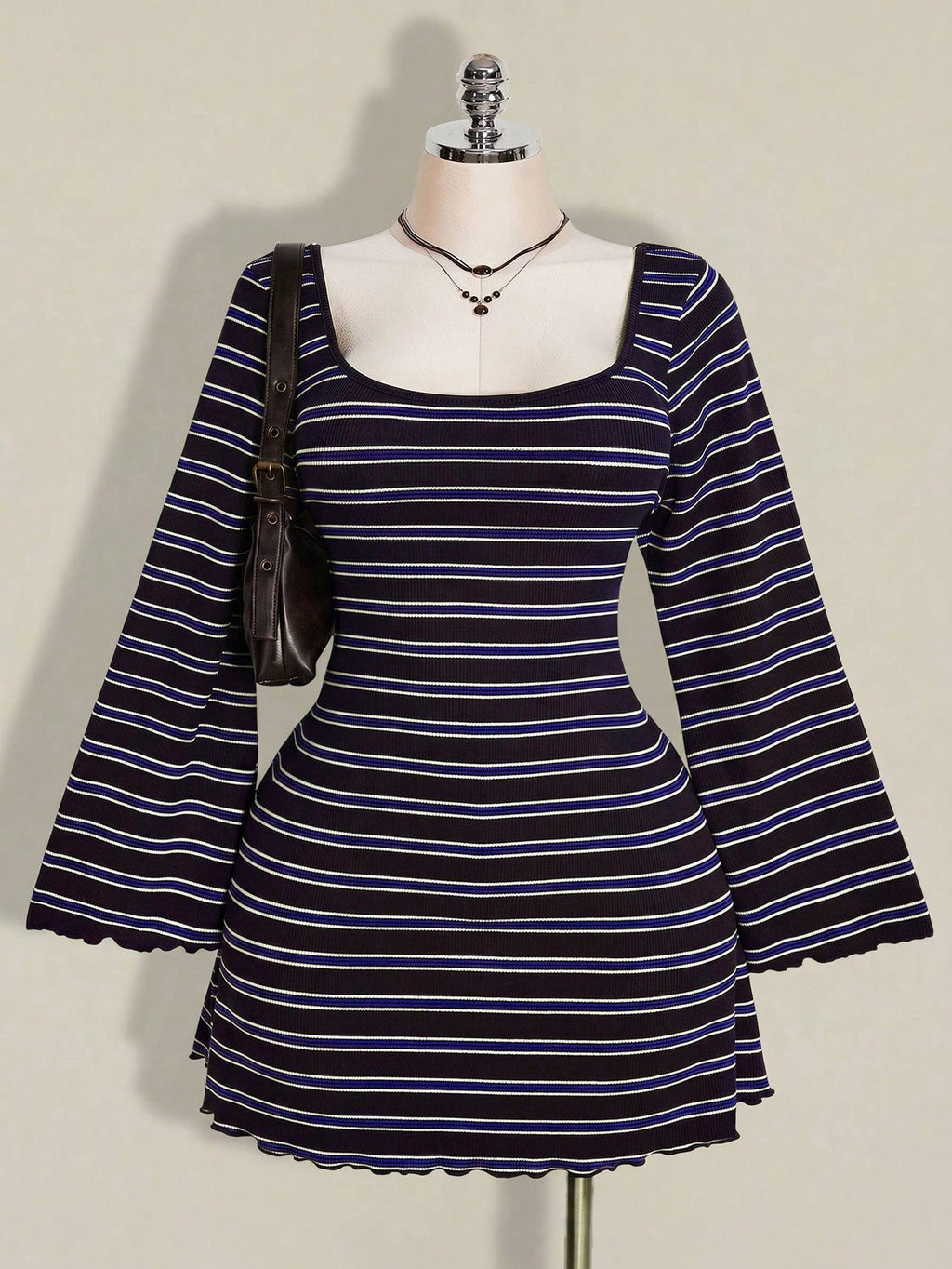 Plus Size Colorful Striped Knit Dress – Backless Flare Sleeve Summer Maxi Dress