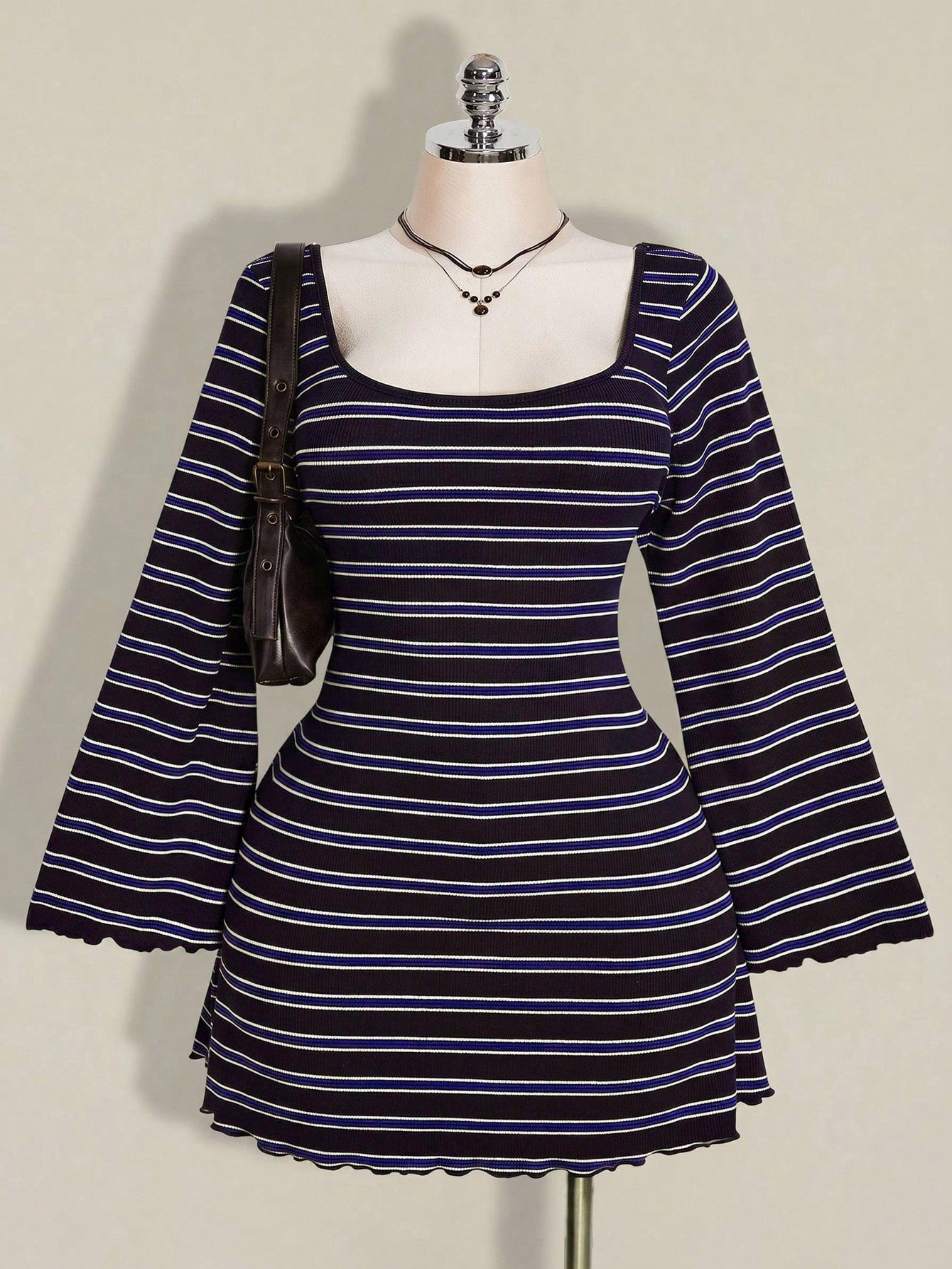 Plus Size Colorful Striped Knit Dress – Backless Flare Sleeve Summer Maxi Dress