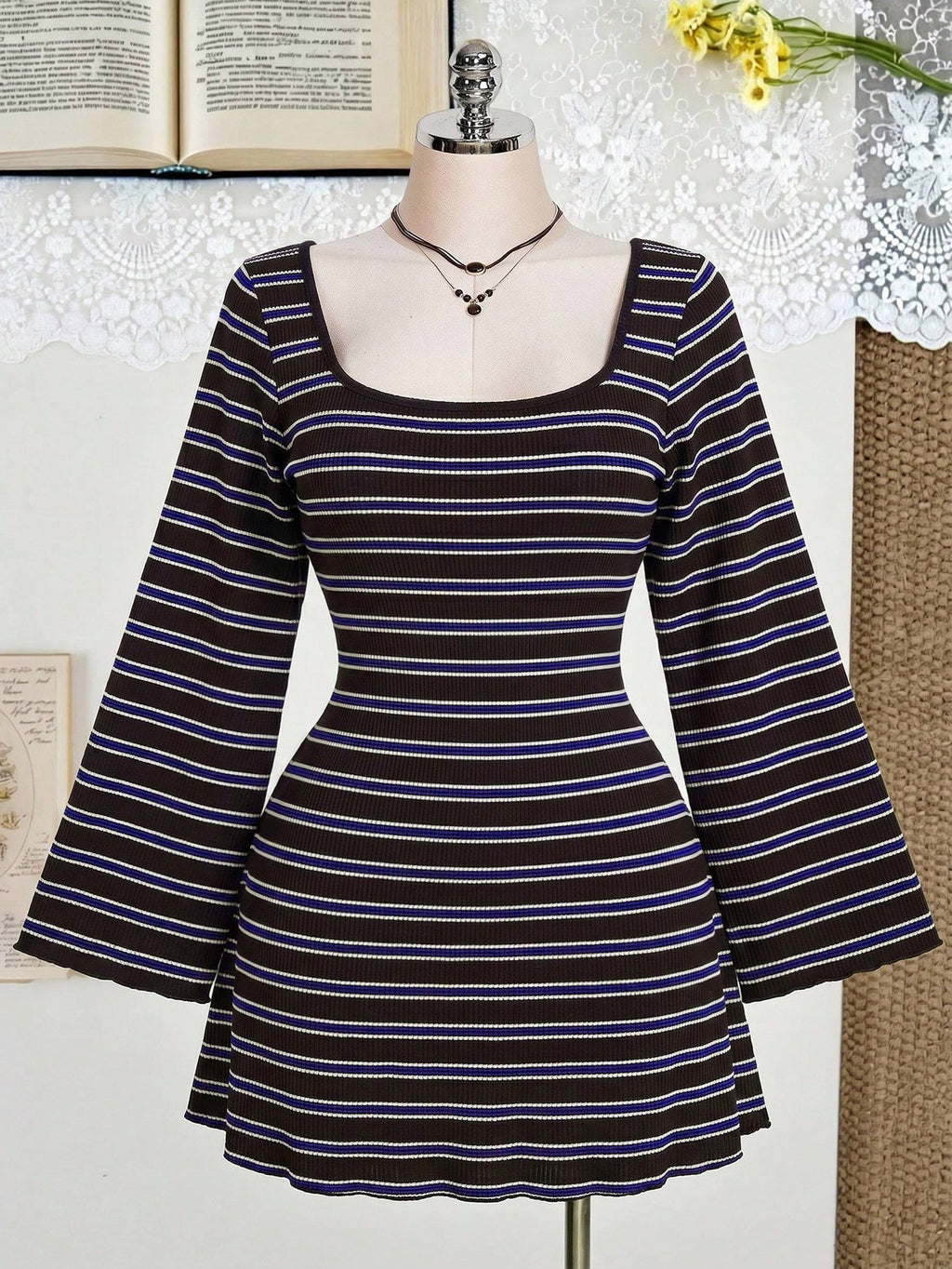 Plus Size Colorful Striped Knit Dress – Backless Flare Sleeve Summer Maxi Dress