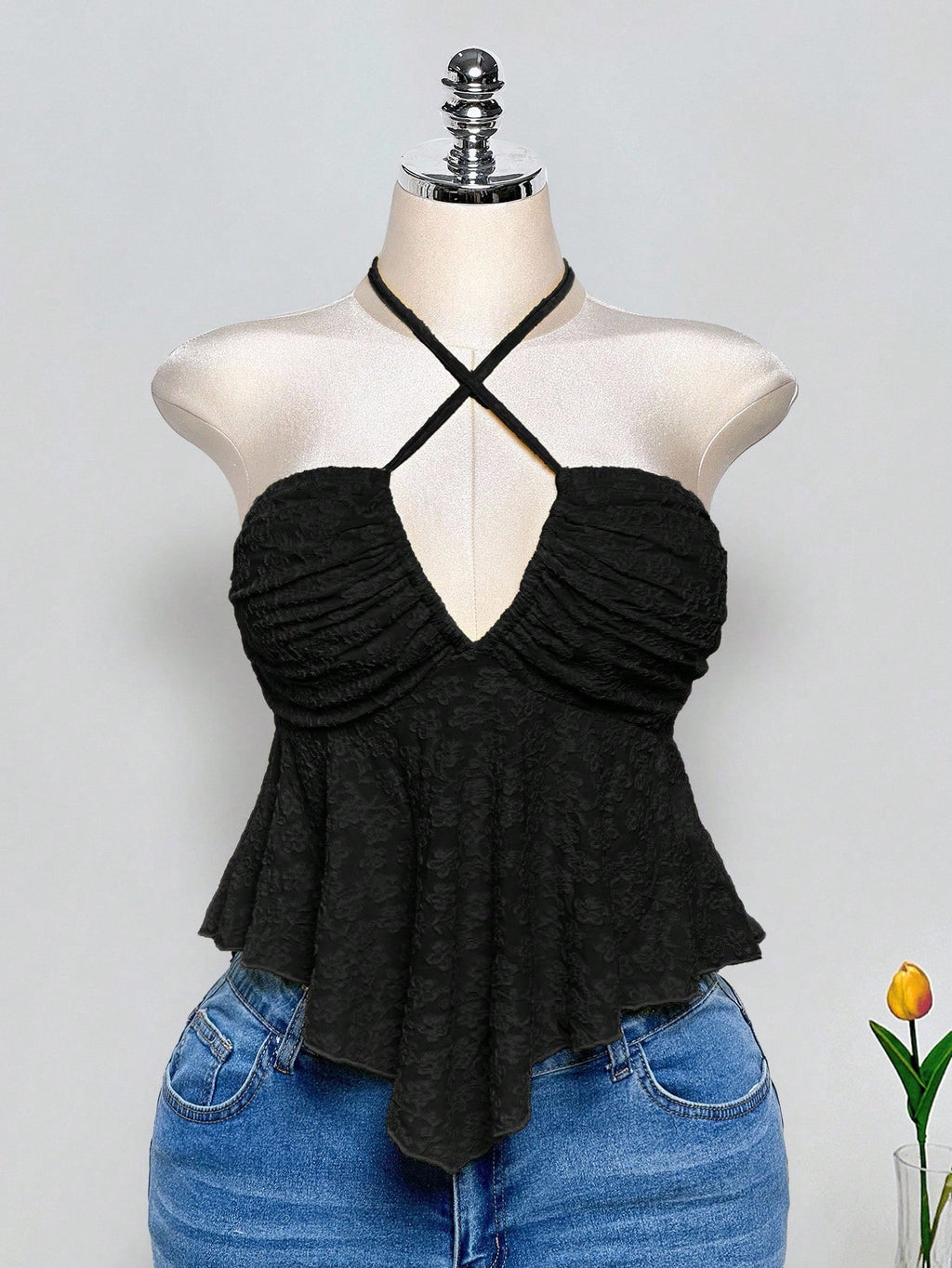 Plus Size Y2K Criss-Cross Halter Crop Top – Backless Knit Jacquard Babydoll Summer Top for Women