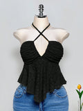 Plus Size Y2K Criss-Cross Halter Crop Top – Backless Knit Jacquard Babydoll Summer Top for Women