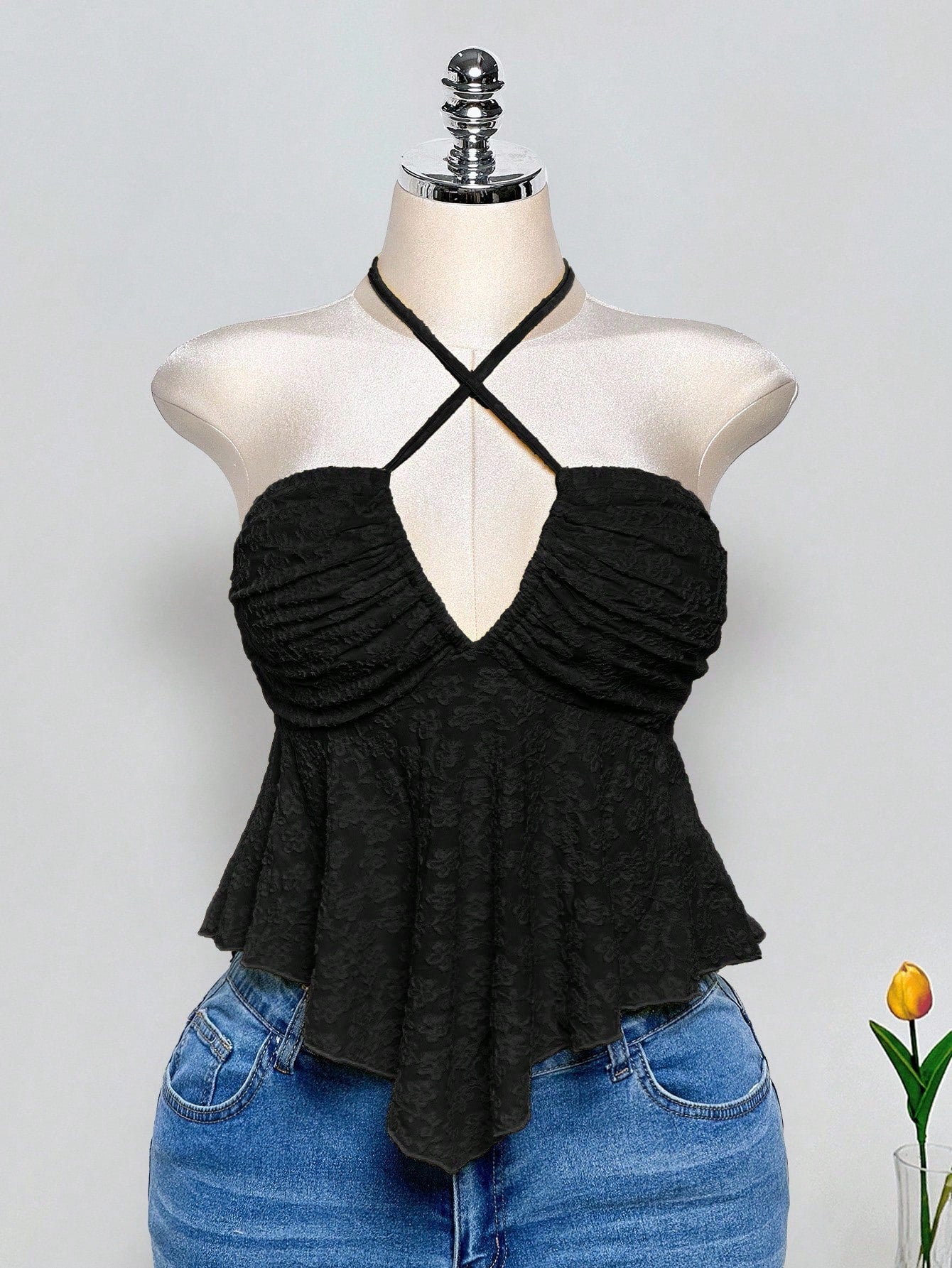 Plus Size Y2K Criss-Cross Halter Crop Top – Backless Knit Jacquard Babydoll Summer Top for Women