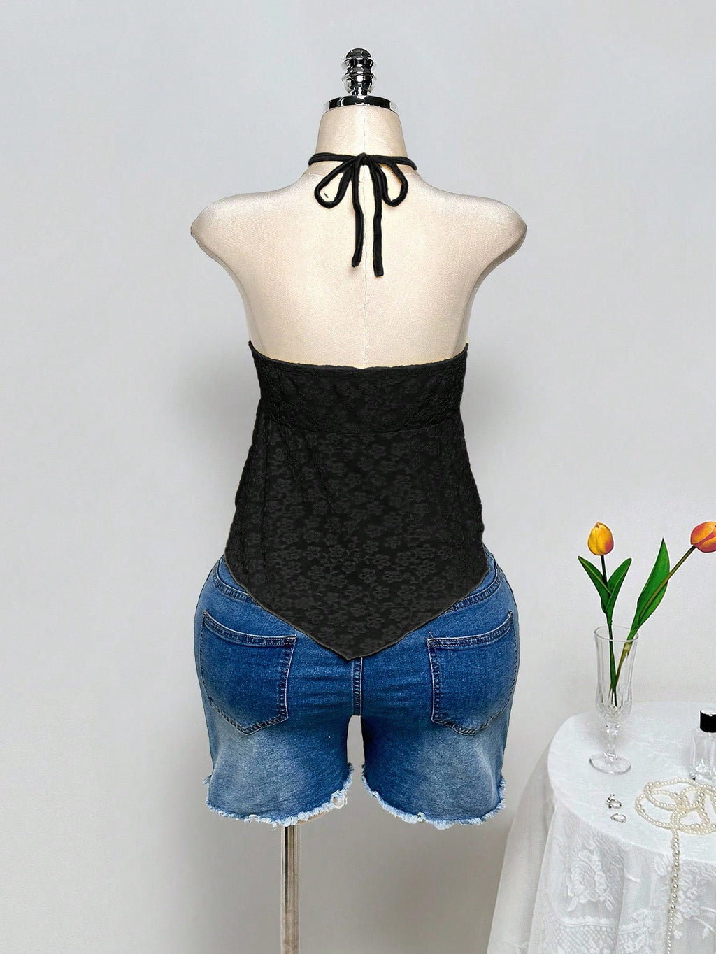 Plus Size Y2K Criss-Cross Halter Crop Top – Backless Knit Jacquard Babydoll Summer Top for Women