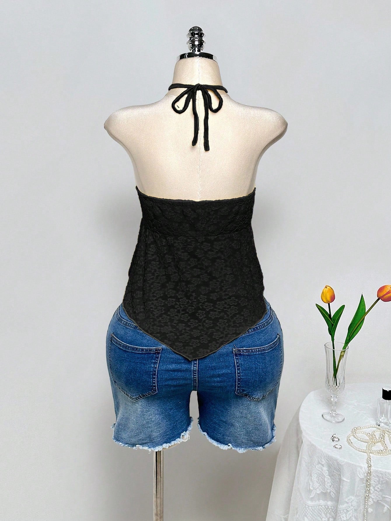 Plus Size Y2K Criss-Cross Halter Crop Top – Backless Knit Jacquard Babydoll Summer Top for Women