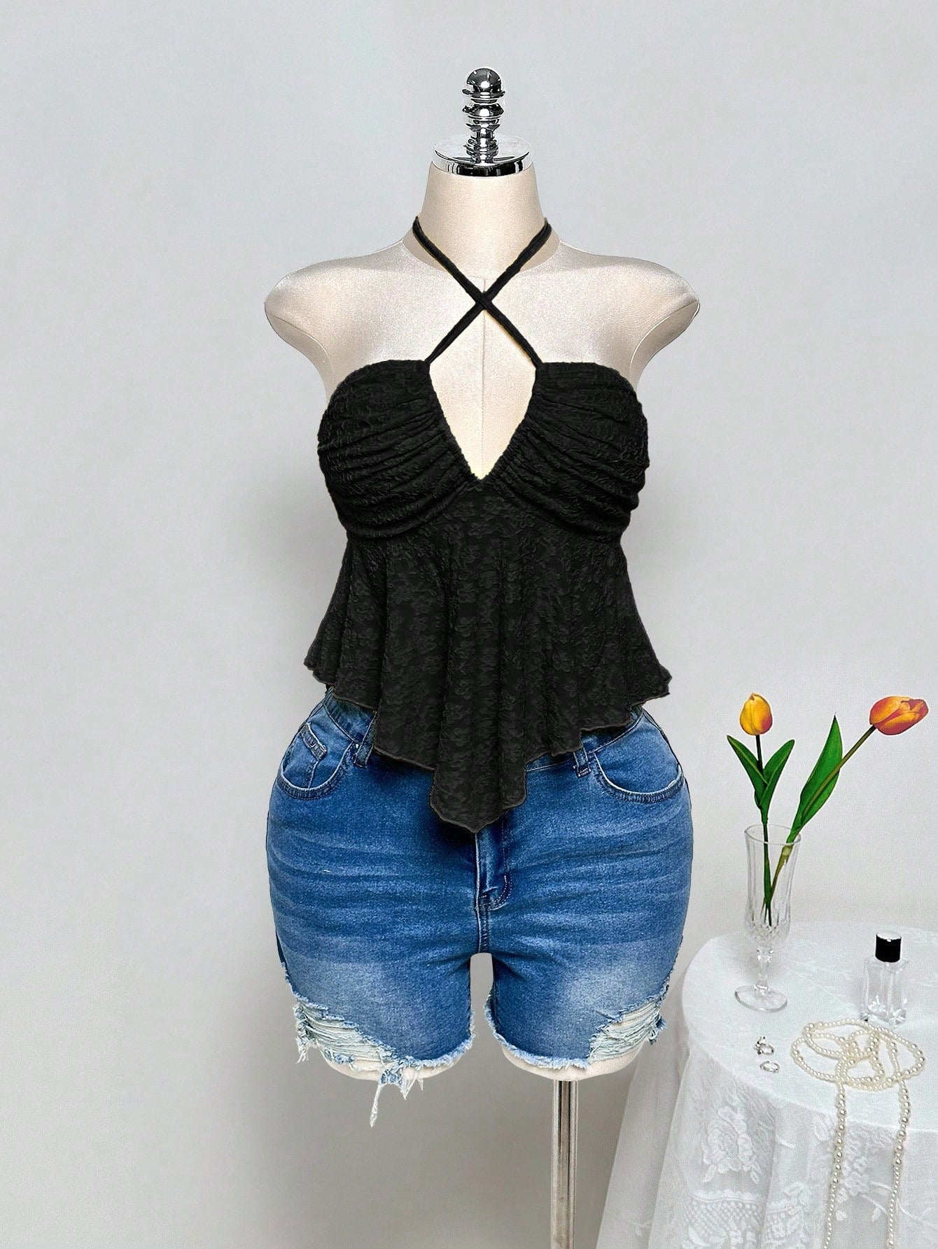 Plus Size Y2K Criss-Cross Halter Crop Top – Backless Knit Jacquard Babydoll Summer Top for Women