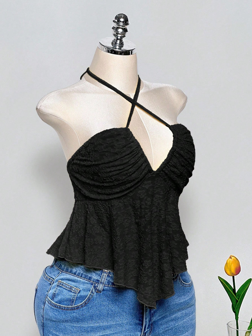 Plus Size Y2K Criss-Cross Halter Crop Top – Backless Knit Jacquard Babydoll Summer Top for Women