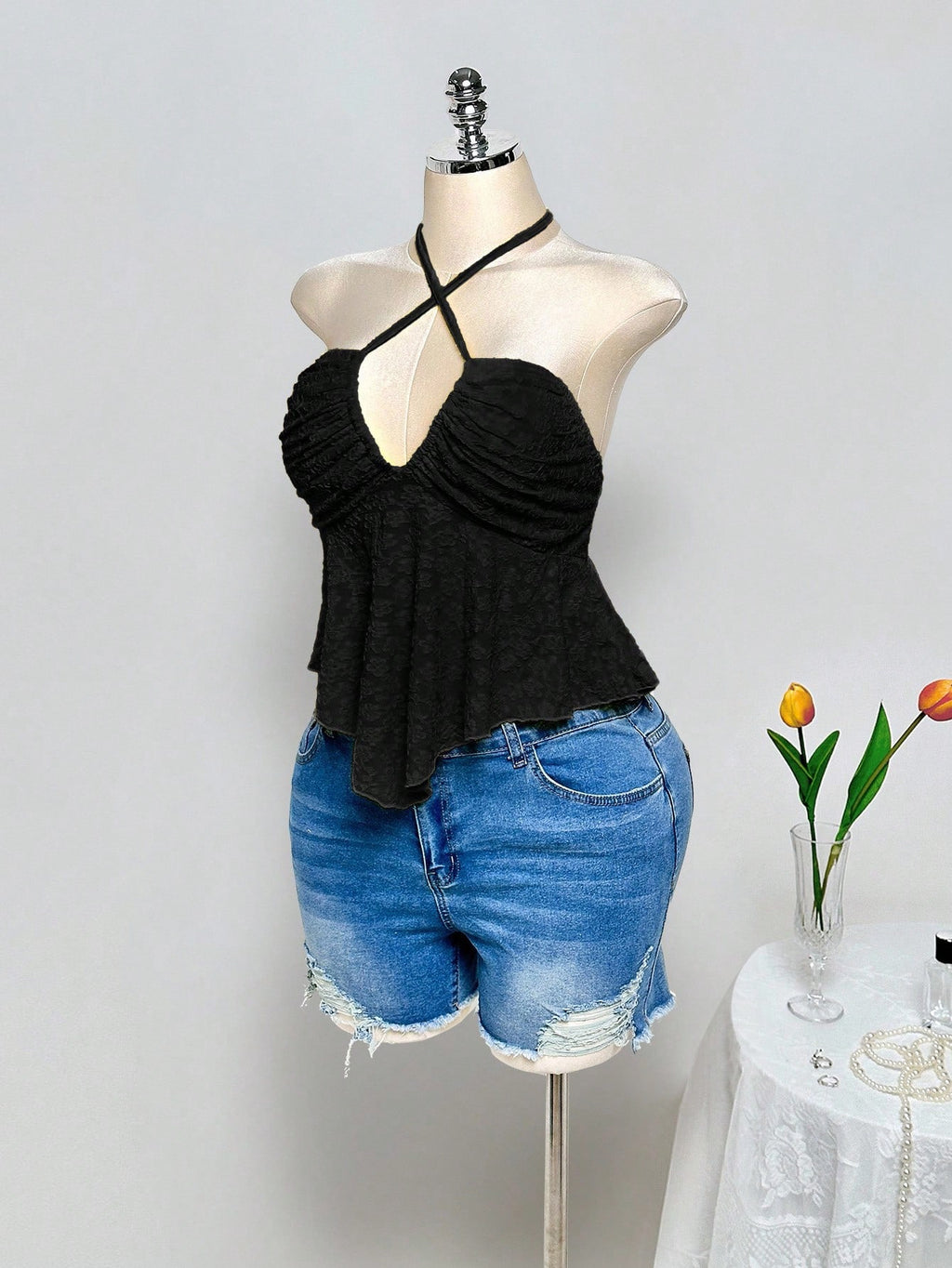 Plus Size Y2K Criss-Cross Halter Crop Top – Backless Knit Jacquard Babydoll Summer Top for Women