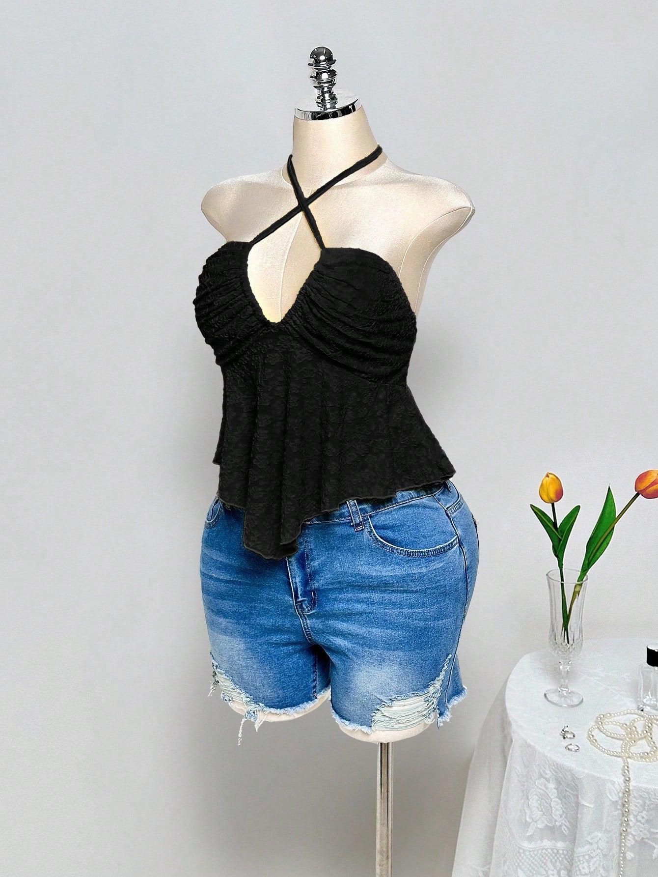 Plus Size Y2K Criss-Cross Halter Crop Top – Backless Knit Jacquard Babydoll Summer Top for Women