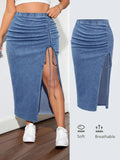 Plus Size Denim Mini Skirt – Stretch Ruched Side Slit Casual Y2K Skirt for Women