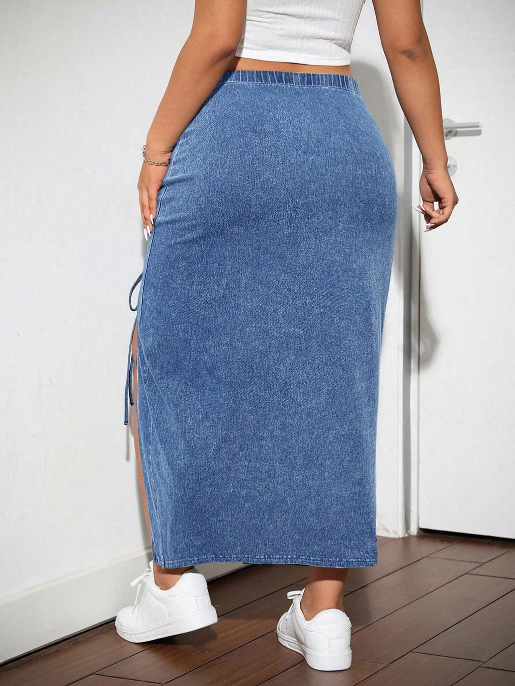 Plus Size Denim Mini Skirt – Stretch Ruched Side Slit Casual Y2K Skirt for Women