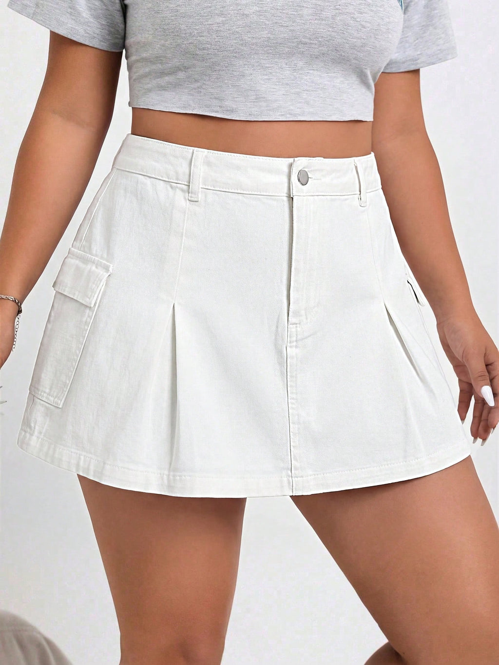 Plus Size Denim Utility Pencil Skirt – Casual Y2K Streetwear Midi Skirt for Women