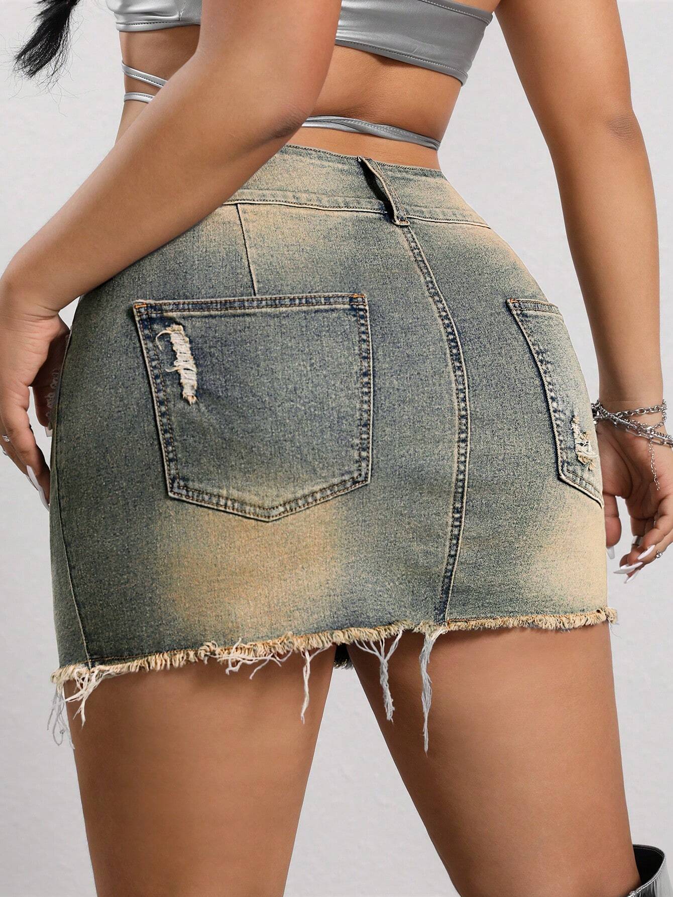 SHEIN ICON Plus Size Distressed Denim Mini Skirt – Button Waist Belt Frayed Hem Y2K Streetwear Skirt