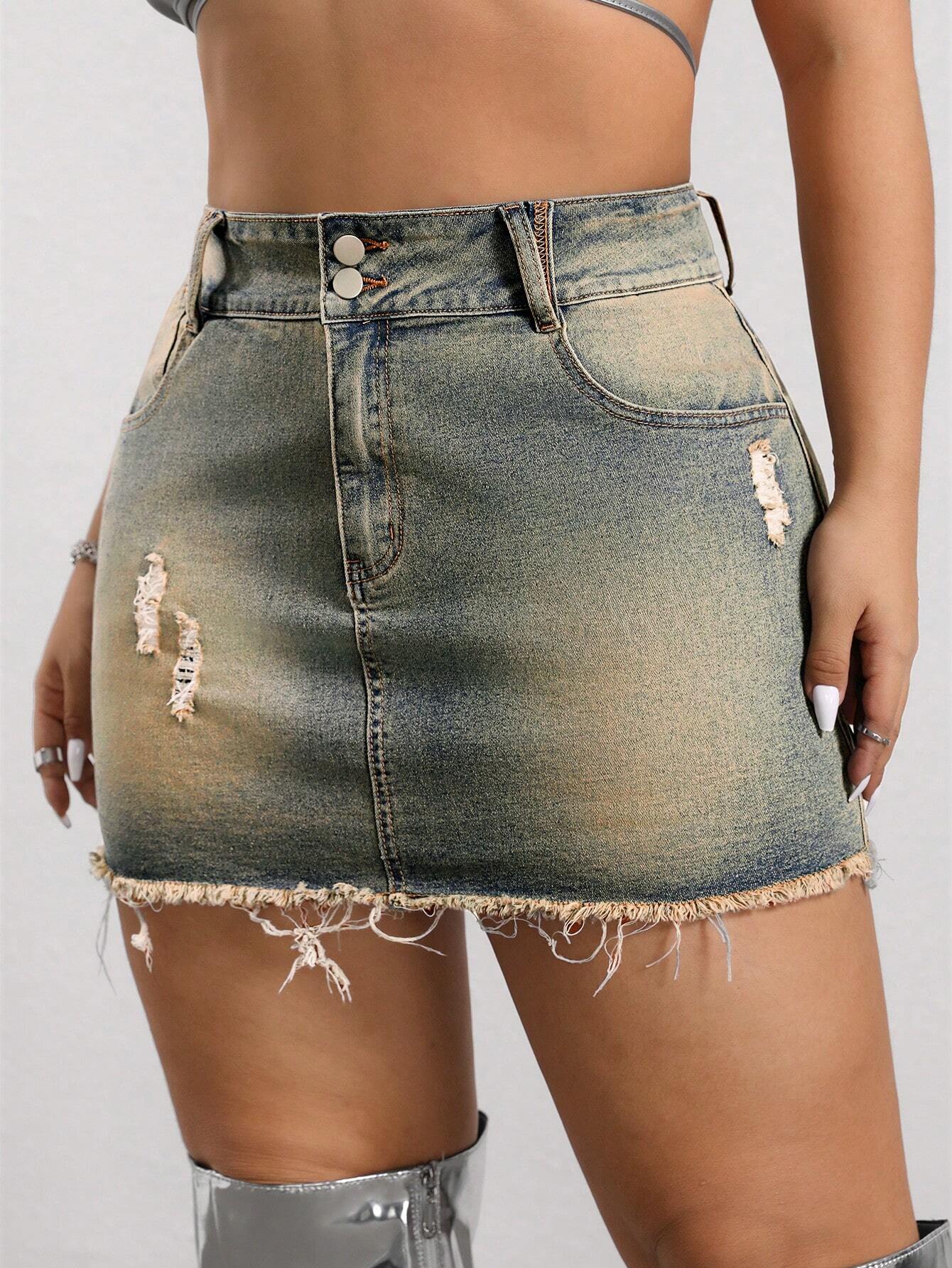 SHEIN ICON Plus Size Distressed Denim Mini Skirt – Button Waist Belt Frayed Hem Y2K Streetwear Skirt