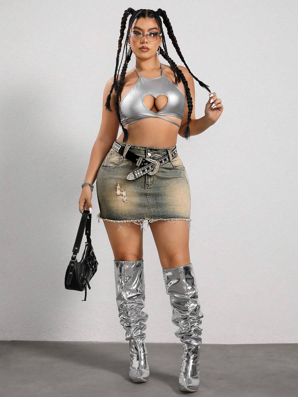 SHEIN ICON Plus Size Distressed Denim Mini Skirt – Button Waist Belt Frayed Hem Y2K Streetwear Skirt