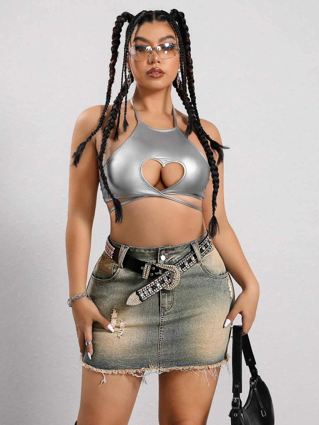 SHEIN ICON Plus Size Distressed Denim Mini Skirt – Button Waist Belt Frayed Hem Y2K Streetwear Skirt