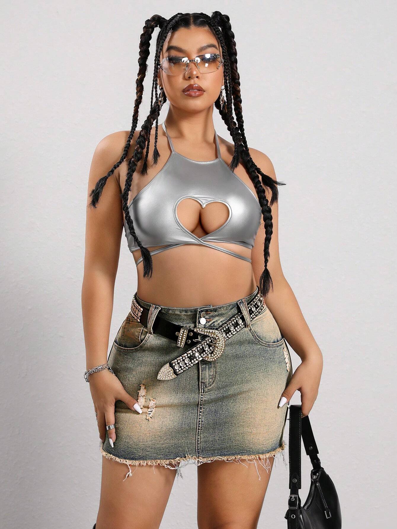 SHEIN ICON Plus Size Distressed Denim Mini Skirt – Button Waist Belt Frayed Hem Y2K Streetwear Skirt
