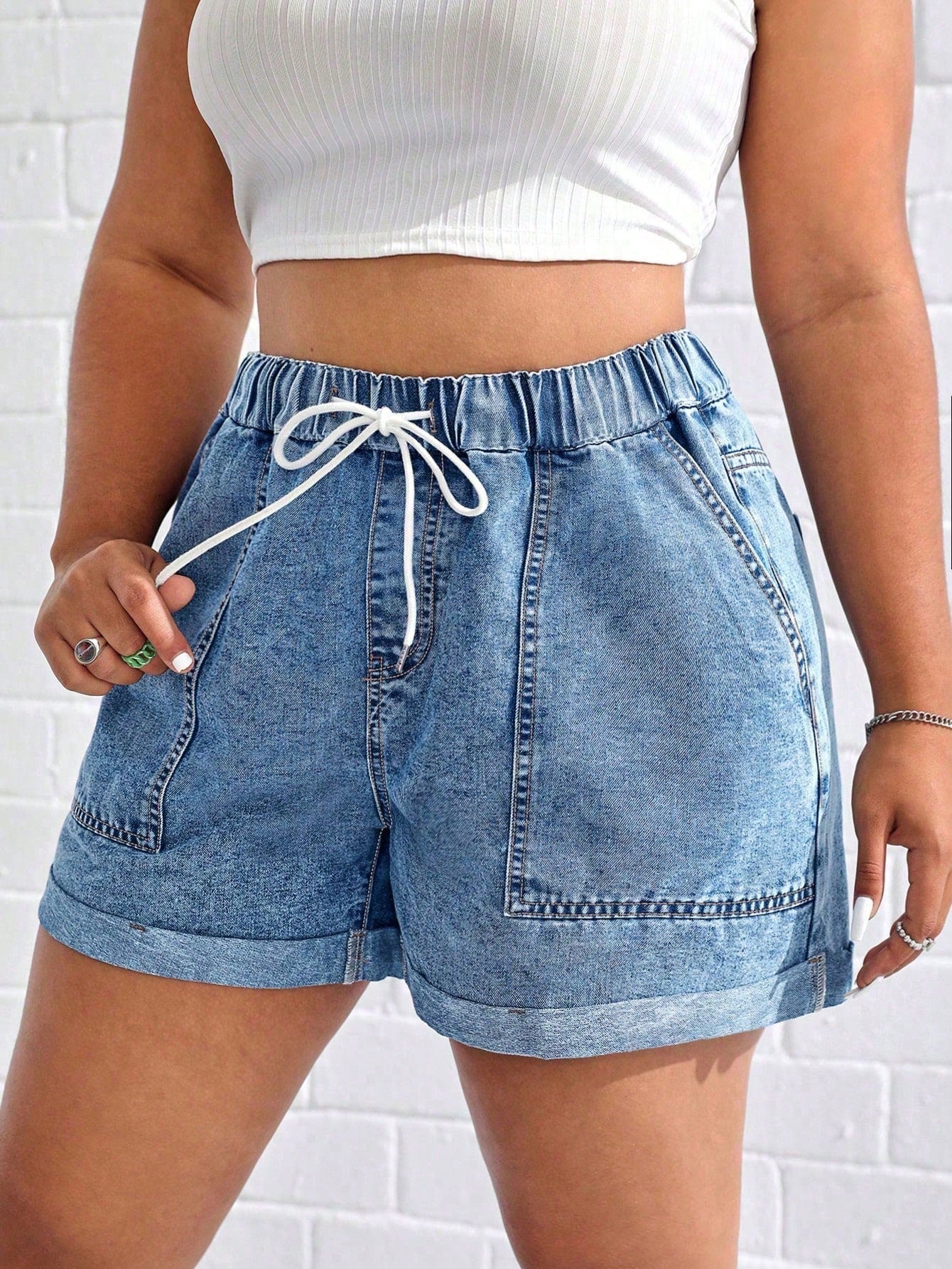 Plus Size Front-Tie Denim Shorts – Casual Pocket Summer Jean Shorts for Women