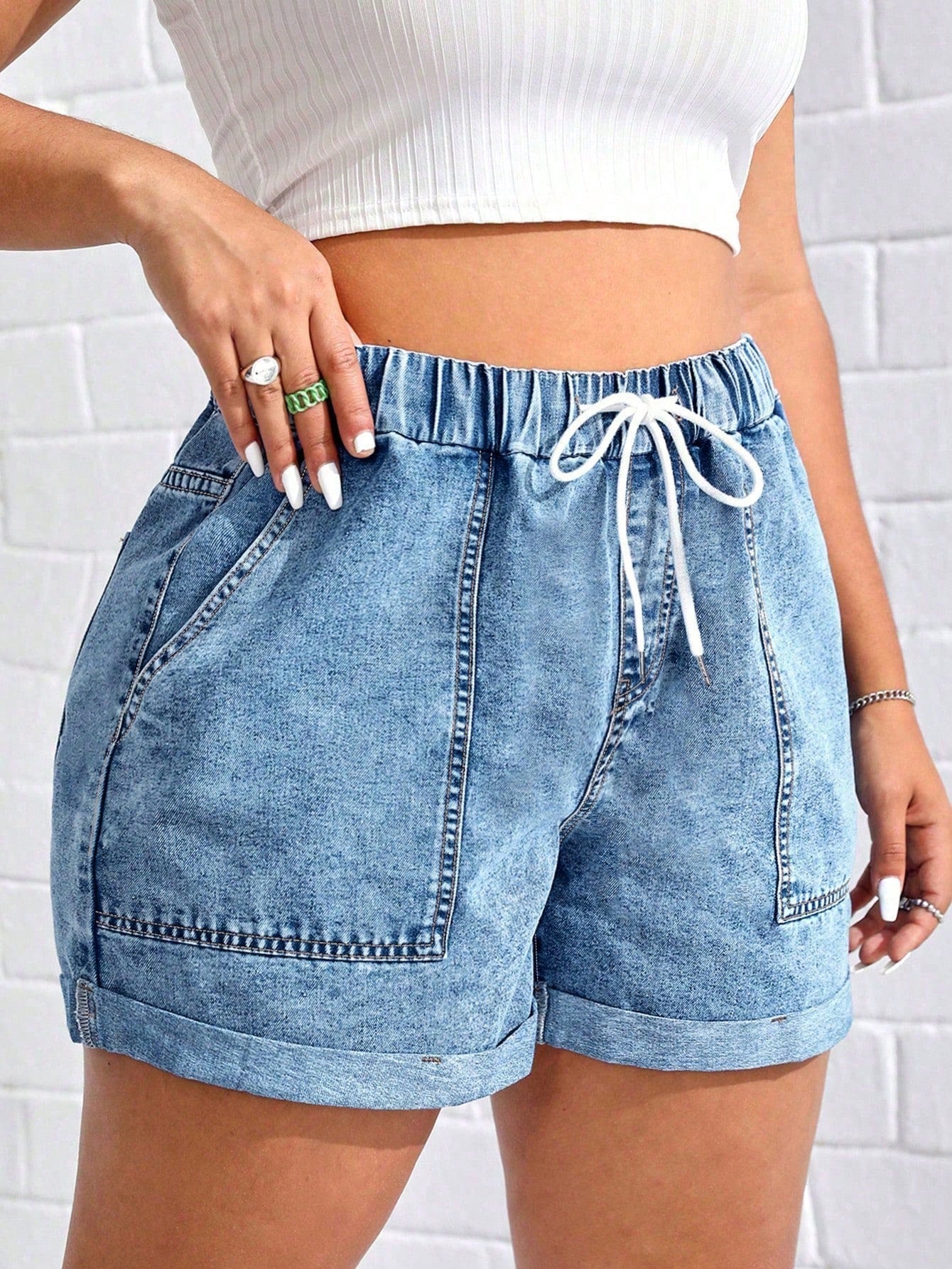 Breezaya Plus Size Floral Print Drawstring Waist Denim Shorts for Women – Casual Summer Comfort Shorts