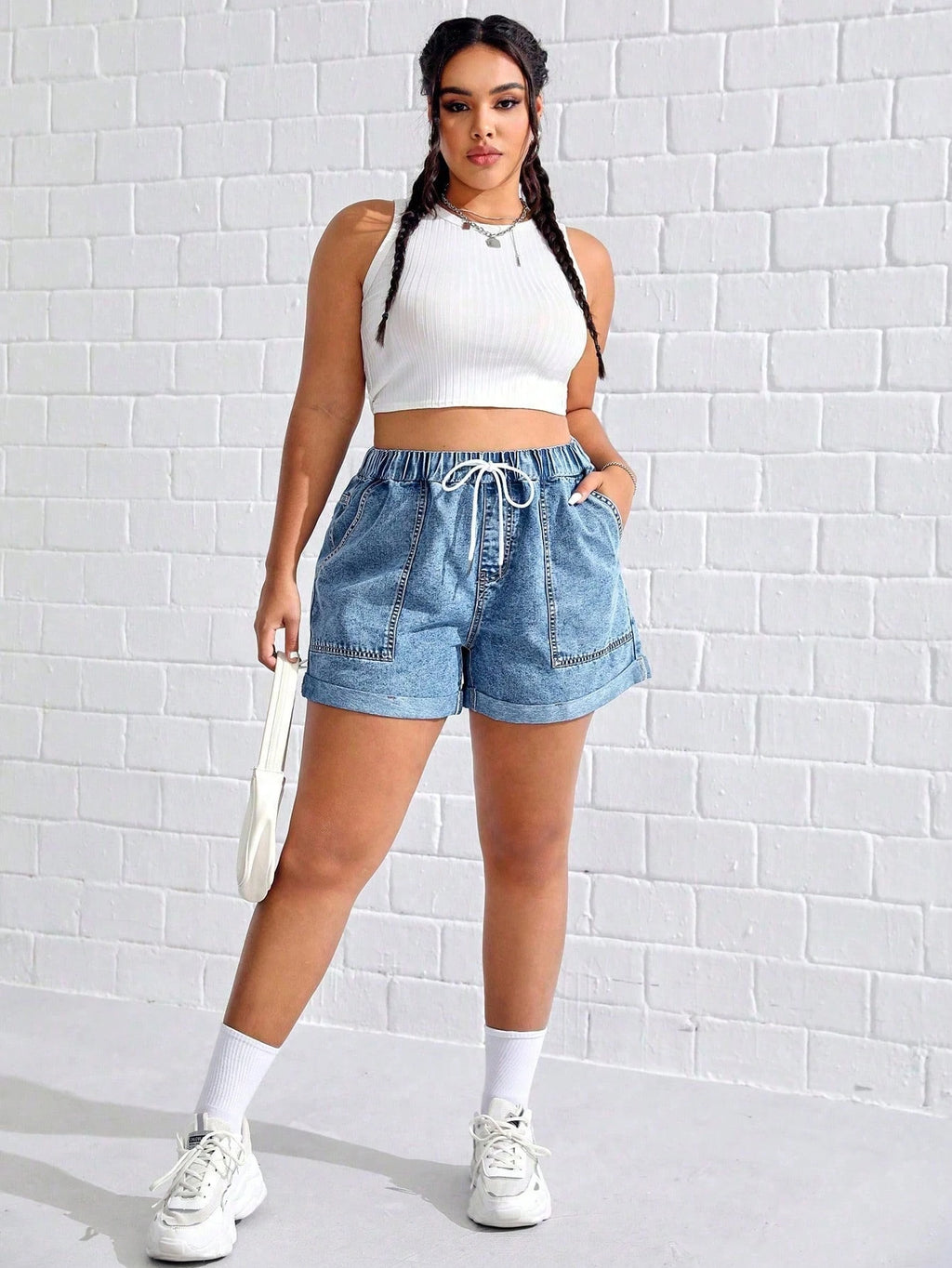 Plus Size Front-Tie Denim Shorts – Casual Pocket Summer Jean Shorts for Women