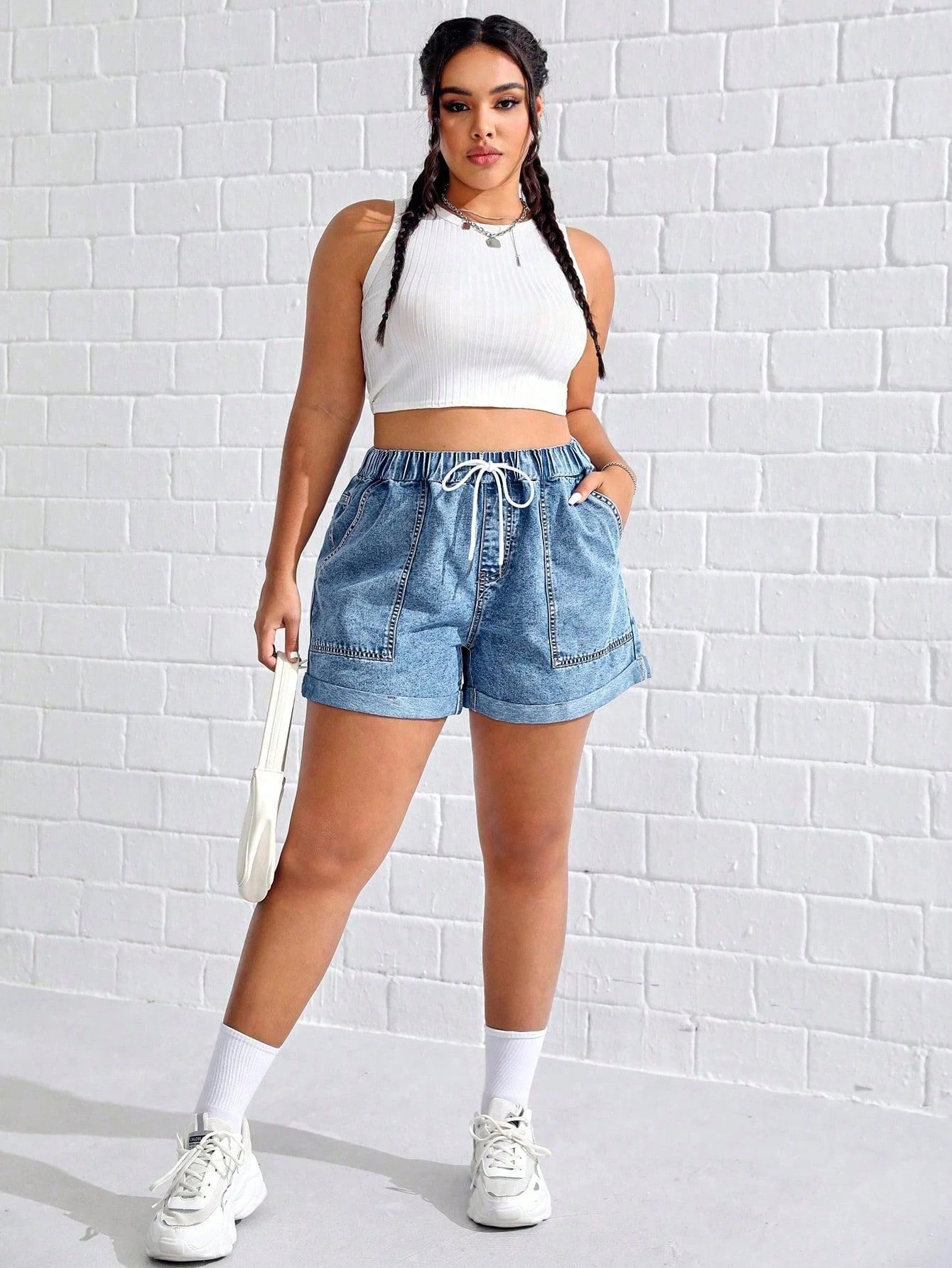 Plus Size Front-Tie Denim Shorts – Casual Pocket Summer Jean Shorts for Women