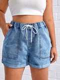 Breezaya Plus Size Floral Print Drawstring Waist Denim Shorts for Women – Casual Summer Comfort Shorts
