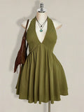 Plus Size Black Backless Halter Sundress – Y2K Drawstring Waist A-Line Summer Dress for Women