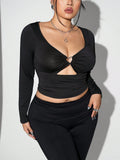 Plus Size Black Mesh Cutout Long Sleeve Top – Heart Rhinestone Slim Fit Y2K Shirt for Women