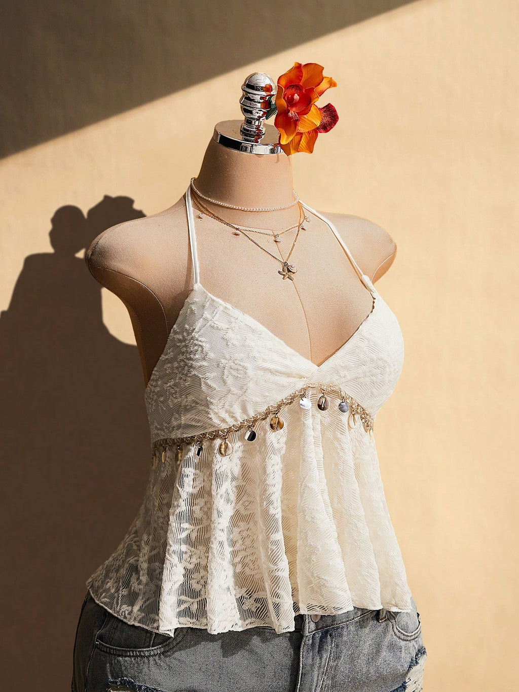 SHEIN ICON Plus Size Knitted Halter Backless Camisole – Boho Shell Tassel Festival Beach Top for Women