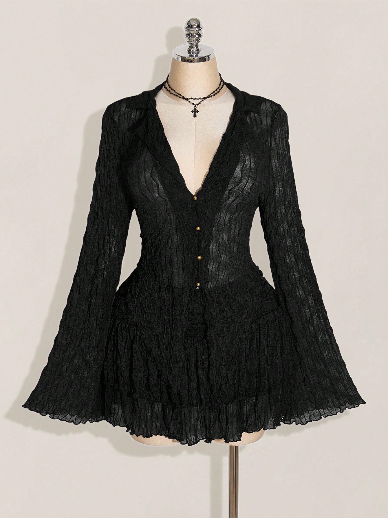 SHEIN ICON Plus Size Y2K Mesh Lettuce Edge Top & Layered Cake Skirt 2 Piece Set – Autumn Gothic Outfit