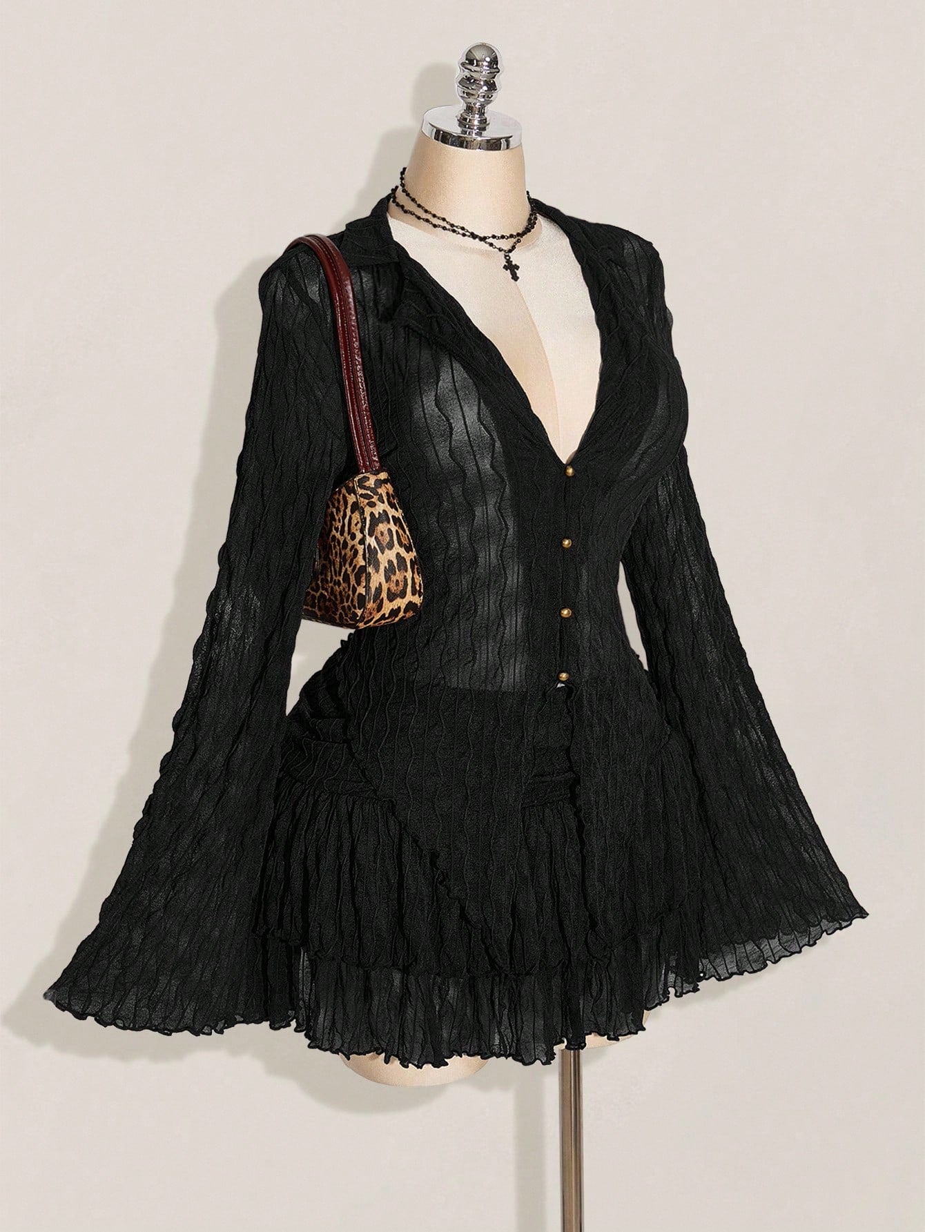 SHEIN ICON Plus Size Y2K Mesh Lettuce Edge Top & Layered Cake Skirt 2 Piece Set – Autumn Gothic Outfit