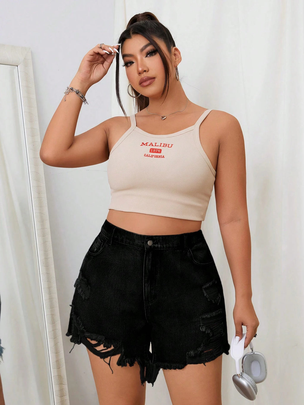 Plus Size Light Wash Ripped Denim Shorts – Sexy High Waist Summer Jean Shorts for Women